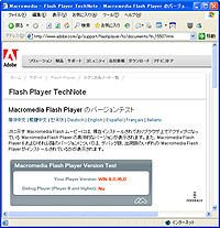 「Adobe Flash Player」のバージョン確認ページ