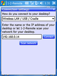 クライアントソフトの接続設定画面。接続方法を選択し、接続先のIPアドレスもしくはコンピューター名を入力する
