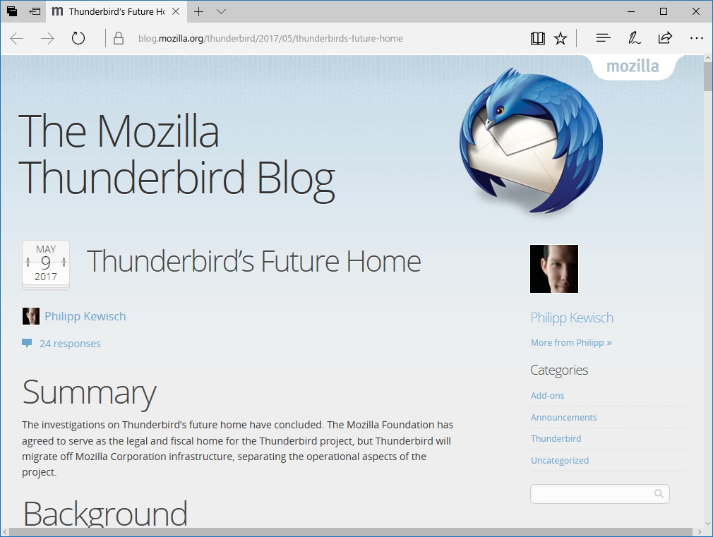 [B! Thunderbird] Mozilla、「Thunderbird」の受け入れ先に関する調査を完了