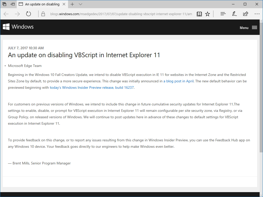 Ie11 の Vbscript 実行が初期状態で禁止へ Windows 10 Fall Creators Update 窓の杜