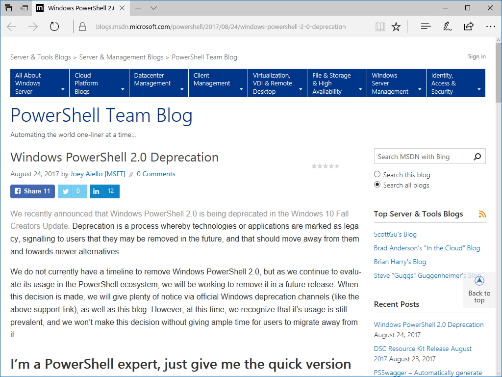 [B! PowerShell] 「Windows PowerShell 2.0」は非推奨に ～「Windows 10 Fall ...