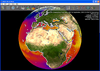地球儀表面に海面温度の値を着色した例