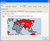 スパム送信元を赤く塗った世界地図