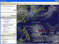 雲の画像や台風の進路図を「Google Earth」上に表示