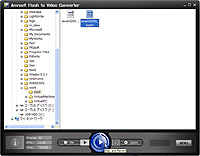 本ソフト上のファイル選択画面でSWFファイルを選択し、操作パネル中央のボタンで変換を開始する