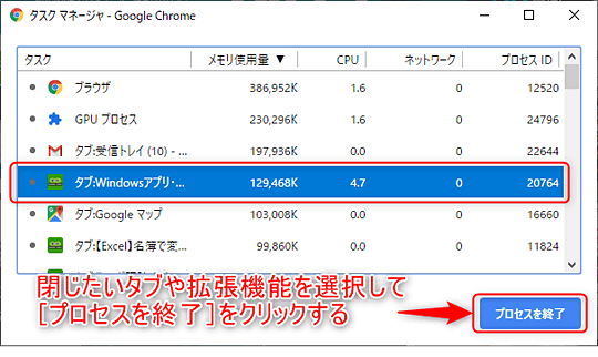 Chromeがメモリを食いすぎる タスクマネージャ で元凶のタブや拡張機能を強制終了しよう 窓の杜