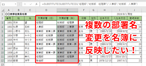 Excel 部署名の変更を一気に社員名簿へ反映したい エクセルで複数の文字列変換を一括で行うテク いまさら聞けないexcelの使い方講座 窓の杜