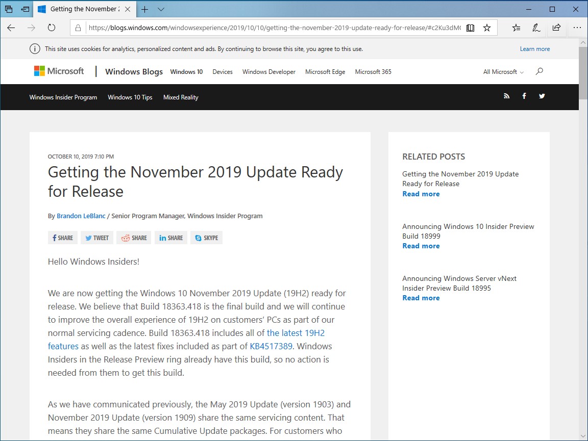 【Windows】「Windows 10 19H2」のリリース準備が完了 〜名前は「November 2019 Update」に