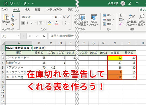 Excel 在庫が少なくなるとエクセルの管理表が教えてくれる 備品の発注を忘れないためのテクニック いまさら聞けないexcelの使い方講座 窓の杜