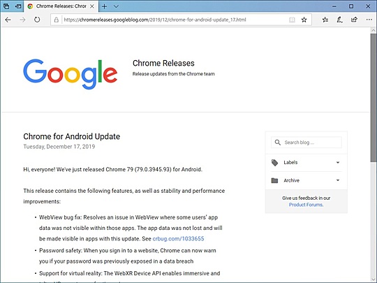 Webviewアプリからデータが消える問題を解決 Android向け Google Chrome 79 が再公開 窓の杜