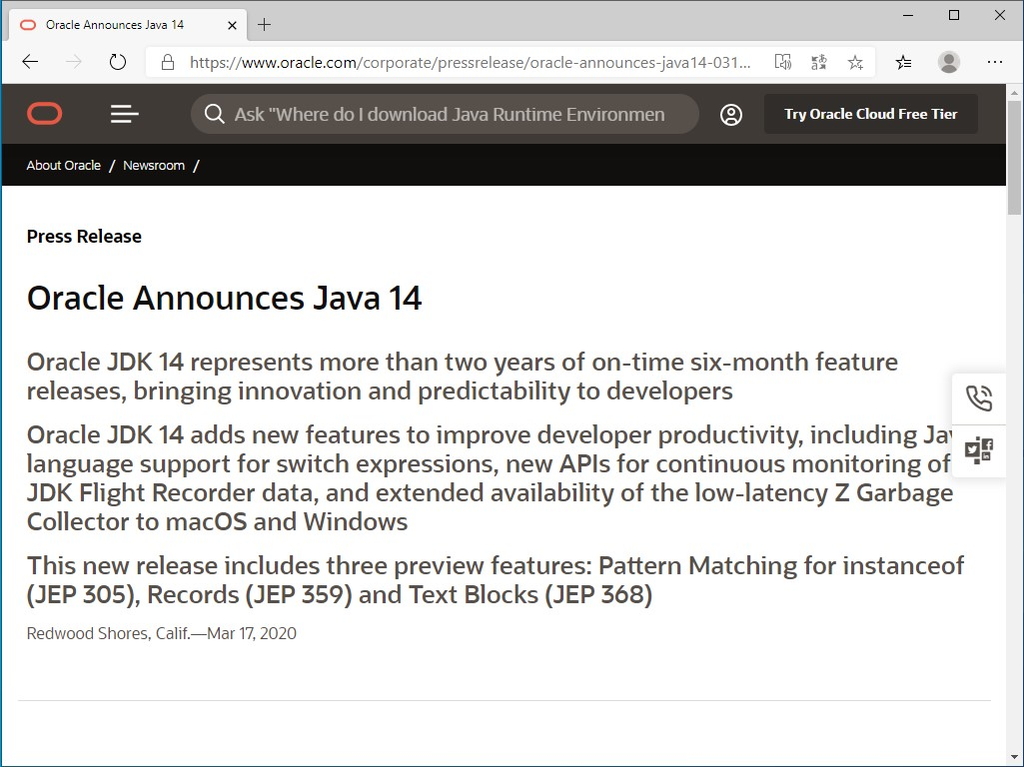 【Java】Oracle、「Java 14」を発表 ～Recordクラスがプレビュー導入、switch式が正式機能に