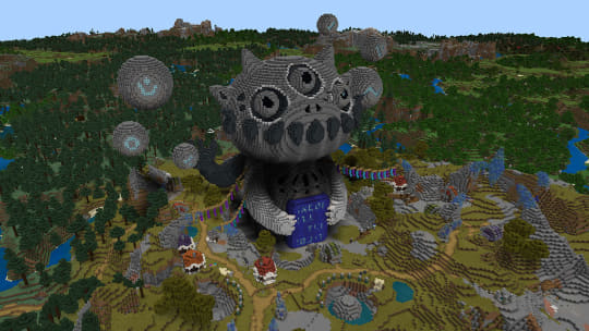 Minecraft に3体の巨大で奇妙な石像が鎮座するオープンワールドrpg風ワールドが登場 窓の杜