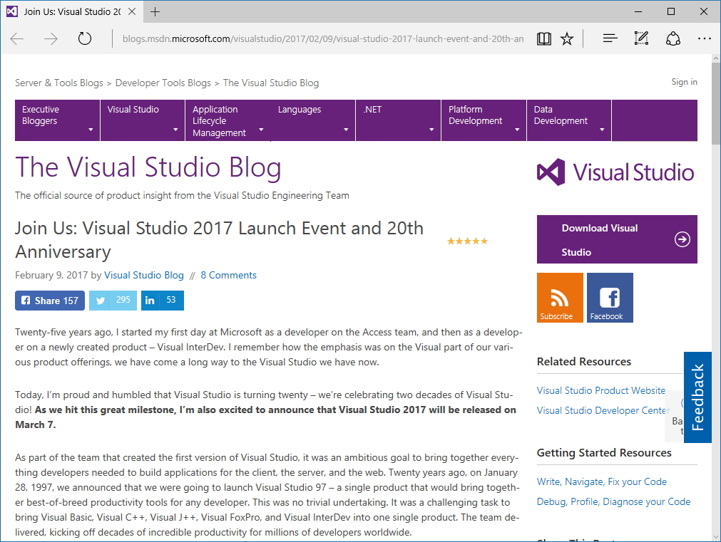 Visual Studio 2017」のリリースは3月7日 ～「Visual Studio 97」の誕生から20周年 - 窓の杜