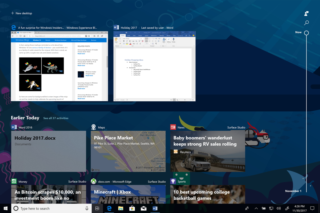 注目の“Timeline”機能を追加した「Windows 10 Insider Preview 