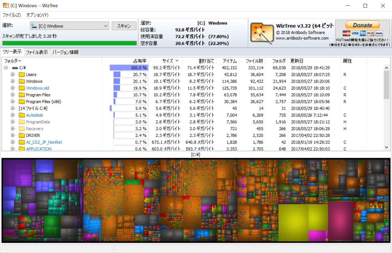 高速にドライブを圧迫している不要ファイルを突き止められる Wiztree Windowsにまず入れる定番無料アプリ 2018年版 窓の杜