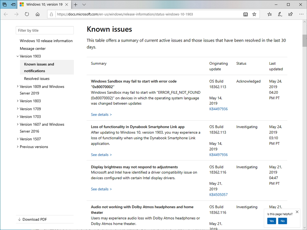 May 19 Update に新たな既知の不具合が2件 手動更新には十分注意 窓の杜