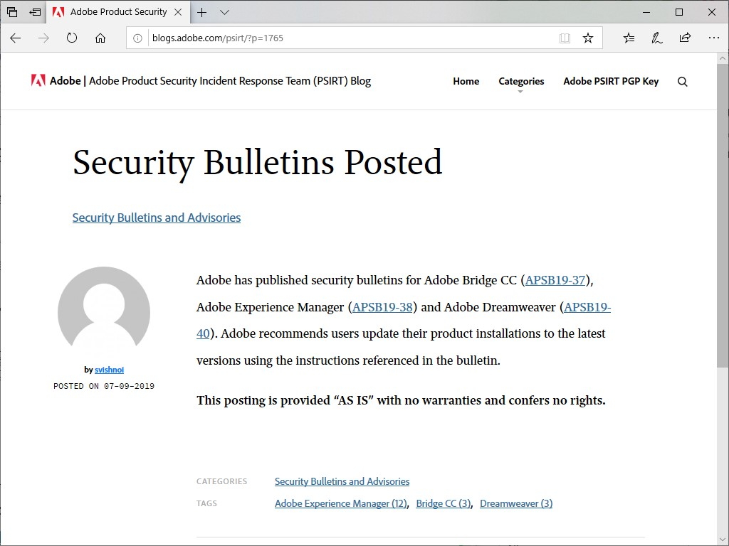 Adobe 月例セキュリティ情報を発表 Adobe Bridge Cc Aem などに脆弱性 窓の杜