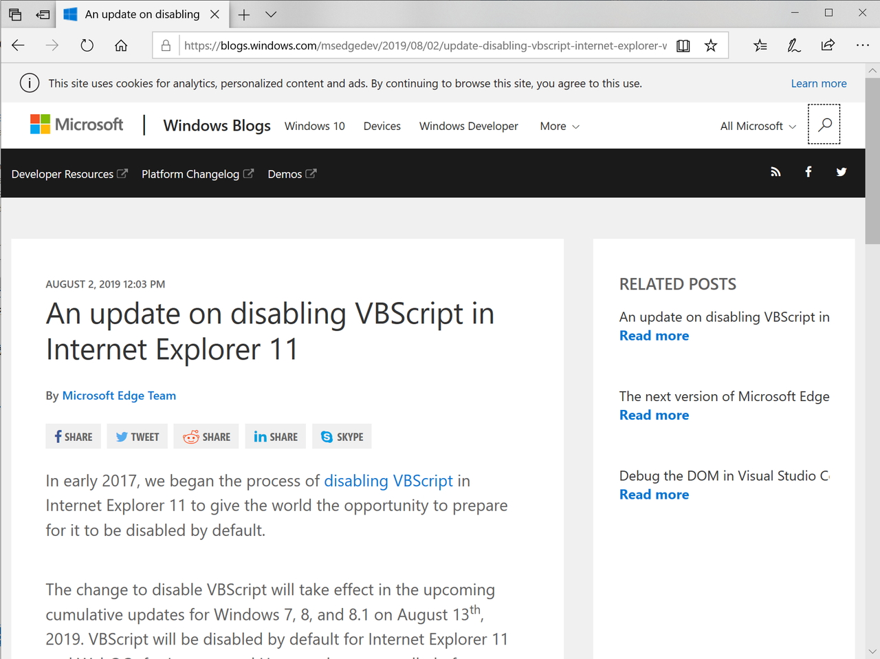 Ie11 の Vbscript 排除は最終段階 Windows 7 8 1は今月のパッチで既定無効化へ 窓の杜