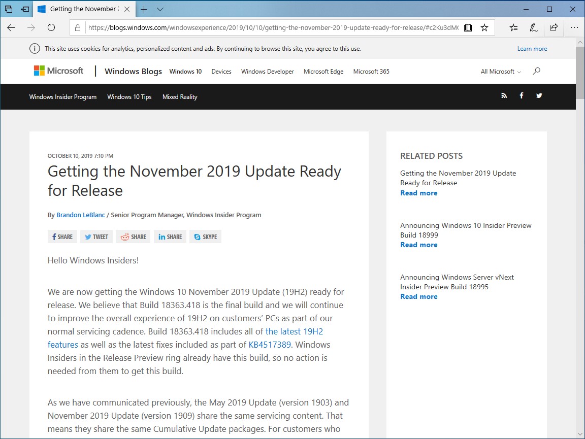Windows 10 19H2」のリリース準備が完了 ～名前は「November 2019