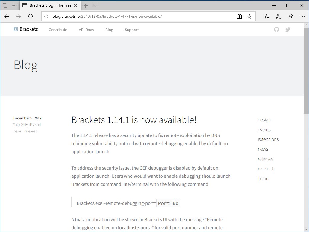 Brackets 1 14 1 がリリース Dns バインディングの脆弱性に対処 窓の杜