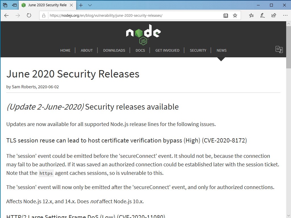 [B!] 「Node.js」の2020年6月セキュリティ更新 ～CVE番号ベースで4件の脆弱性に対処／v10.21.0、v12.18.0 ...