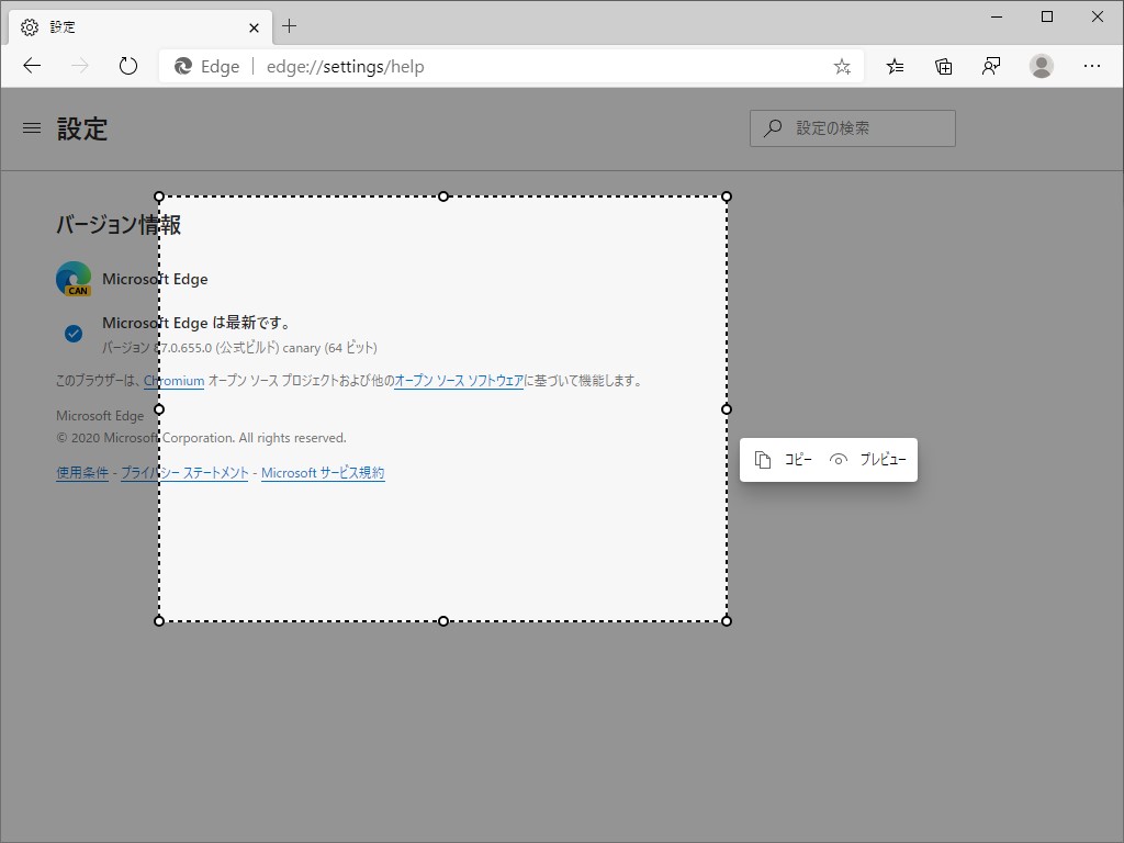 Microsoft Edge にスクリーンショット撮影 Dev Canaryチャネルでテスト中 窓の杜