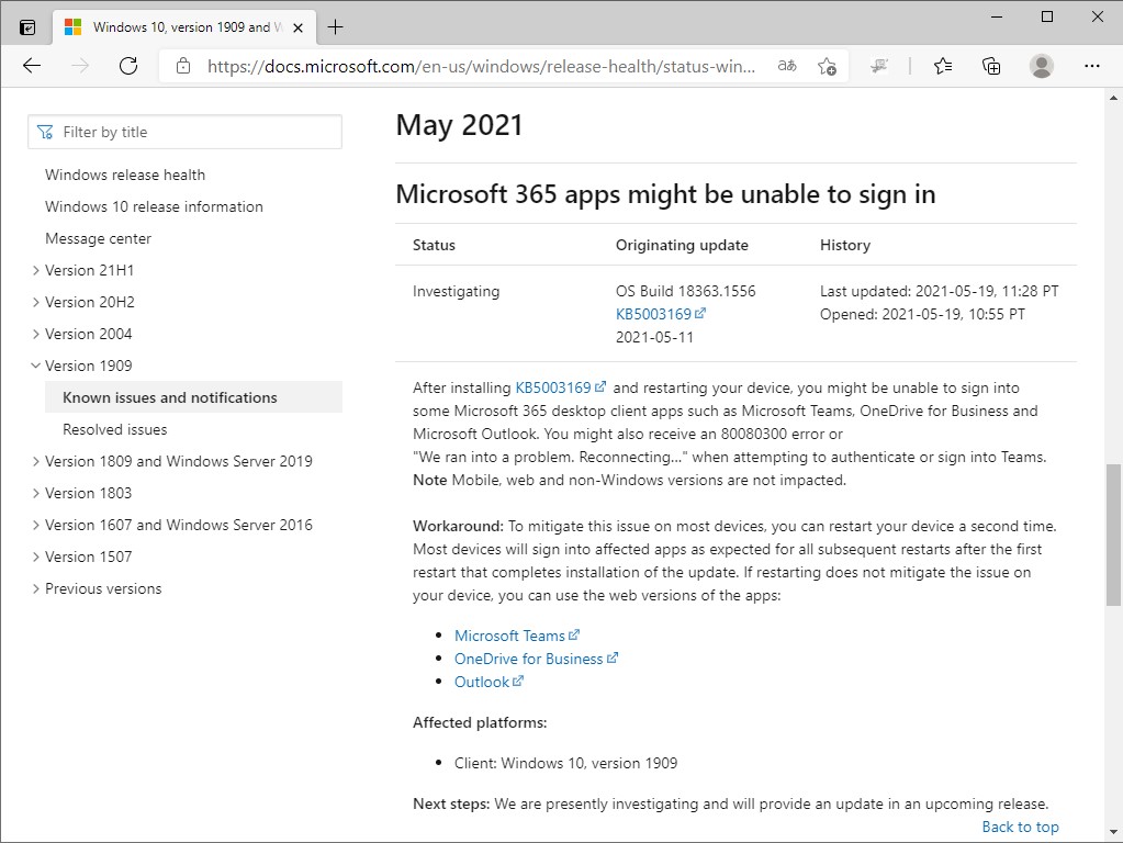 5月の月例パッチに問題 Windows 10 バージョン 1909 で Microsoft 365 アプリへサインイン不能 窓の杜