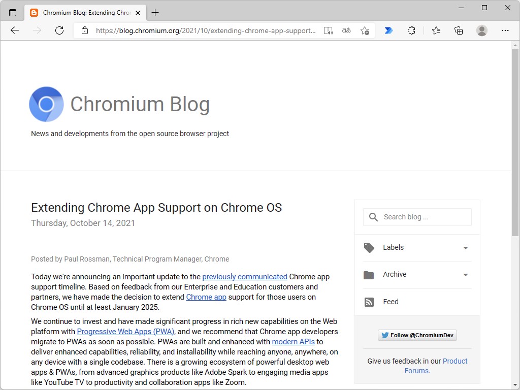 Chrome OS」におけるChromeアプリのサポートが少なくとも2025年1月まで