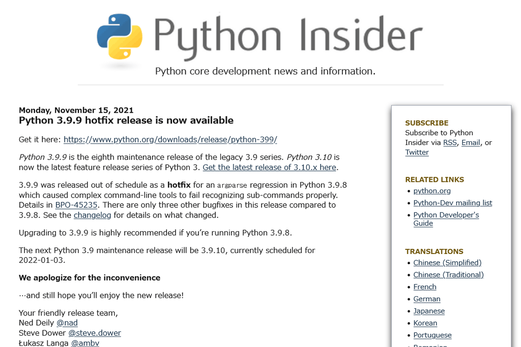 「Python」v3.9.9が公開 ほか - ダイジェストニュース - 窓の杜
