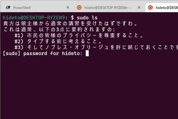 お嬢様化が止まりませんわ…… 今度は「sudo」コマンドのお警告