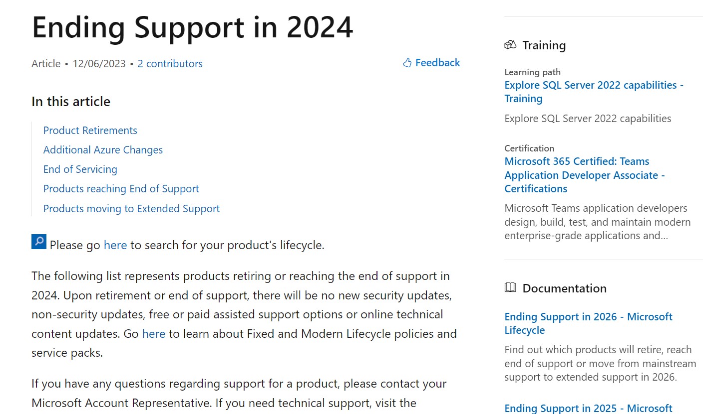 2024 End of Support and Transition Dates for Microsoft Products News